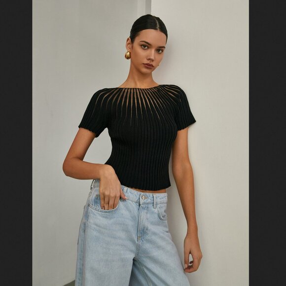 Commense Tops - Commense Small Black Short Sleeve Semi Sheer Knit Top NEW NWT Minimalist